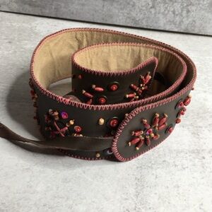 VTG Jjill Brown Leather Bohemian Tie Belt Beads Boho Festival Adjustable S/M